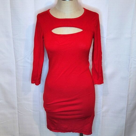 Express Red 3/4 Sleeves Bodycon Dress Chest Cut Out Size XS - Picture 1 of 6